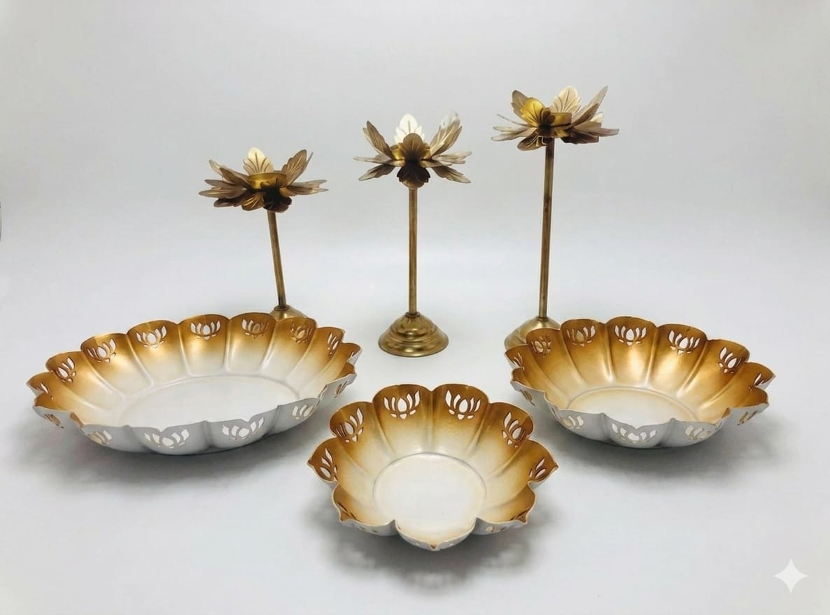 Lotus Bowl & Candle Stand Set Gold